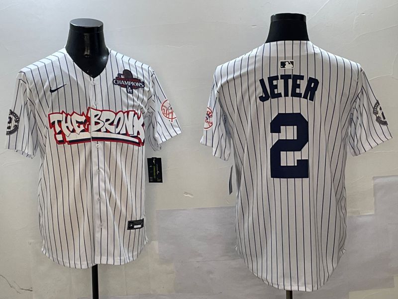 Men New York Yankees #2 Jeter White Stripe four generations Joint Name 2025 Nike MLB Jersey style 2